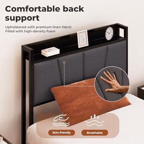 Levede Black Upholstered Single Bed Frame with Side Compartments and Headboard W/D/H: 90 x 190 x 98 cm – 7