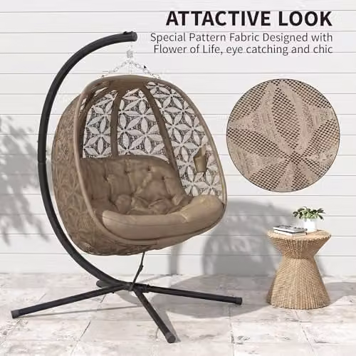 Outsunny Double Hanging Swing Chair with Metal Stand and Cup Holders in Sand Brown – 3
