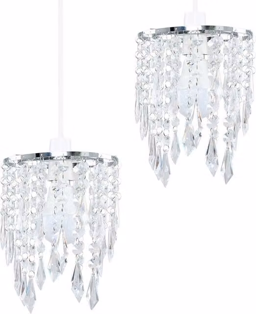 ValueLights Pair of Silver Cylinder Ceiling Pendant Shades with Transparent Acrylic Crystal Effect Droplets
