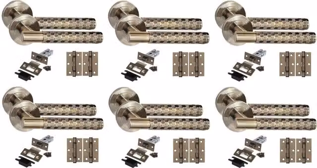 Golden Grace Knurled Hex Cut T-Bar Door Handle Set with Ball Bearing Hinges and Latch, Brass, 6 Pack
