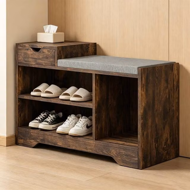 ERGOVEXA Rustic Brown Multi-Compartment Shoe Storage Bench with Seat and Drawer – 1