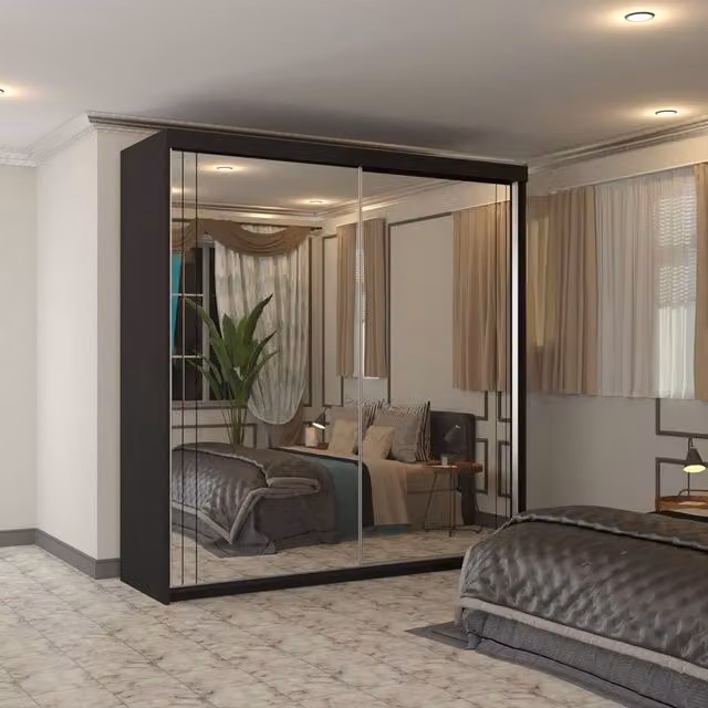 Sliding Wardrobes 4U Modern Black Glossy Sliding Wardrobe with Full Mirror and LED Lighting W/H: 150 x 217 cm – 1