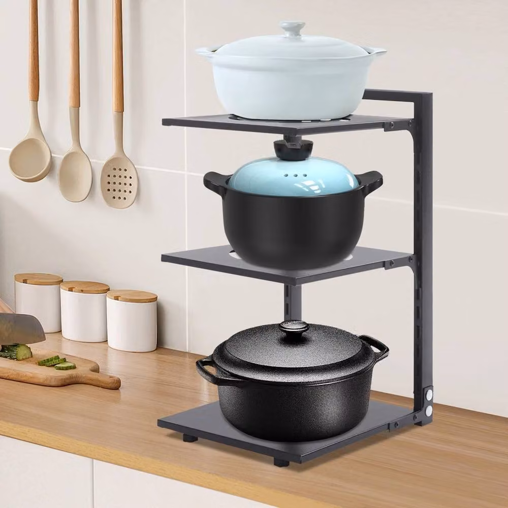 Ventryn 3 Tier Black Metal Pot Storage Rack and Kitchen Countertop Organizer with Adjustable Shelves – 3