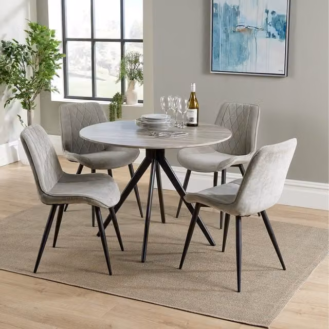 Aspen Round Dining Table in Grey Oak with Black Metal Centre Pedestal Leg, Diameter: 100 cm
