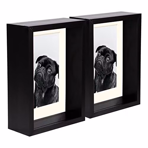 Nicola Spring Pack of 5 Rectangular 3D Deep Box Wooden Photo Frames in Black with Ivory Mounts for Hanging or Standing