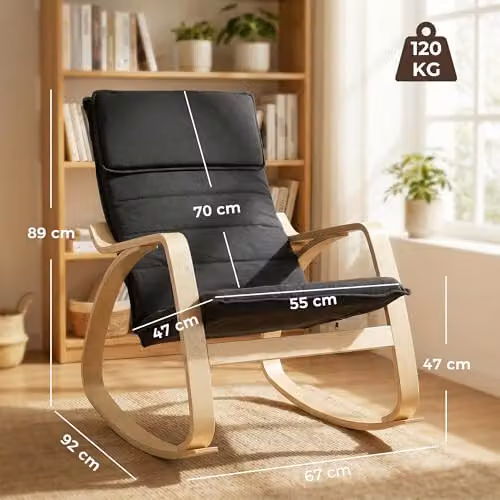 HOMCOM Modern Black Fabric Rocking Chair with Armrests and Solid Wood Frame – 2