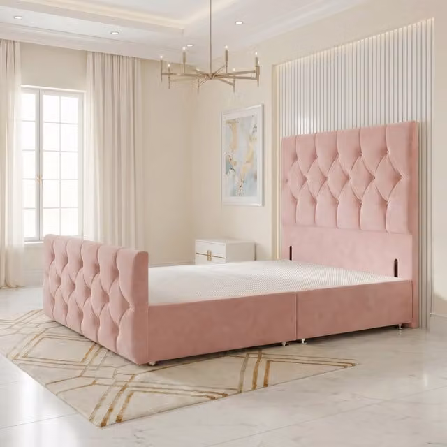 Somnior Beds Ltd Chesterfield Velvet Divan Bed Base with Drawers and Floor Standing Headboard and Footboard, Pink, W/D/H: 180 x 200 cm