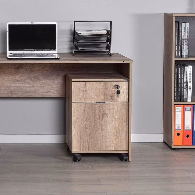FWStyle Mobile Home Office Storage Unit in Warm Oak Brown with Castors and Lock