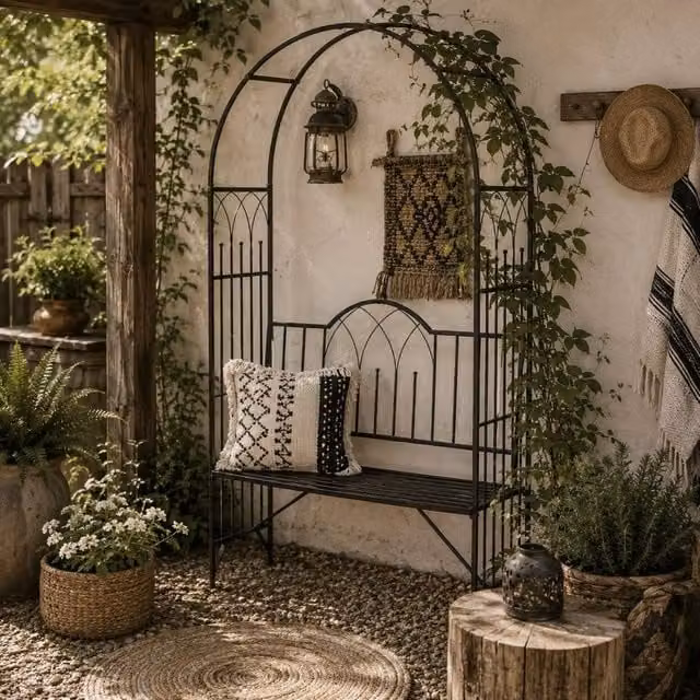Wyld Haus Katoba Black Matt Metal 2 Seater Garden Arch Bench with Trellis – 1
