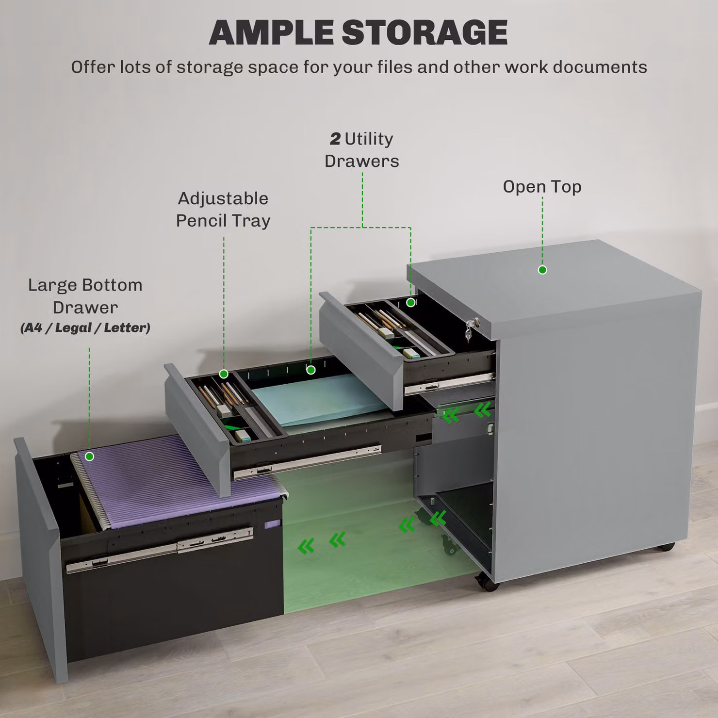 Vinsetto 3 Drawer Mobile Metal Filing Cabinet with Anti-tilt Design for Letter, A4 and Legal Size, Grey – 3