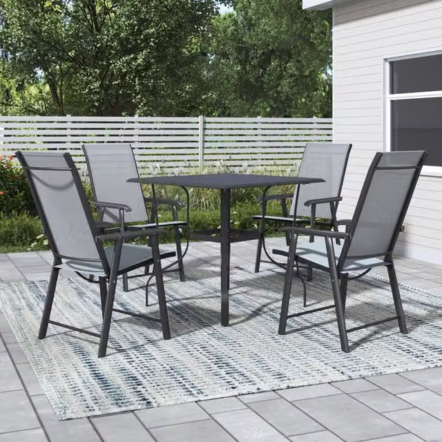 Breeins Modern Outdoor Metal Coffee Table Set with 4 Foldable Chairs and Parasol Hole in Matt Black