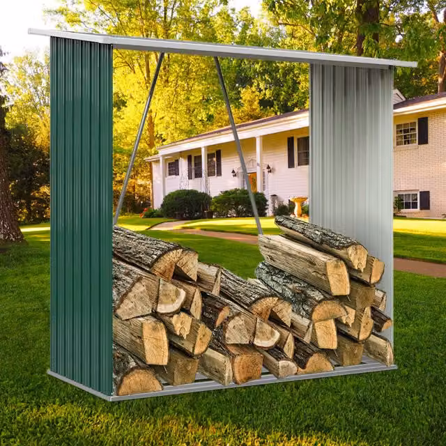 Livingandhome Green Galvanised Steel Pent Metal Garden Firewood Log Storage Shed