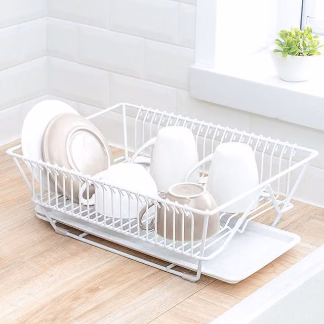 Livingandhome White Metal Wire Dish Drainer with Drip Tray and Anti-Slip Base