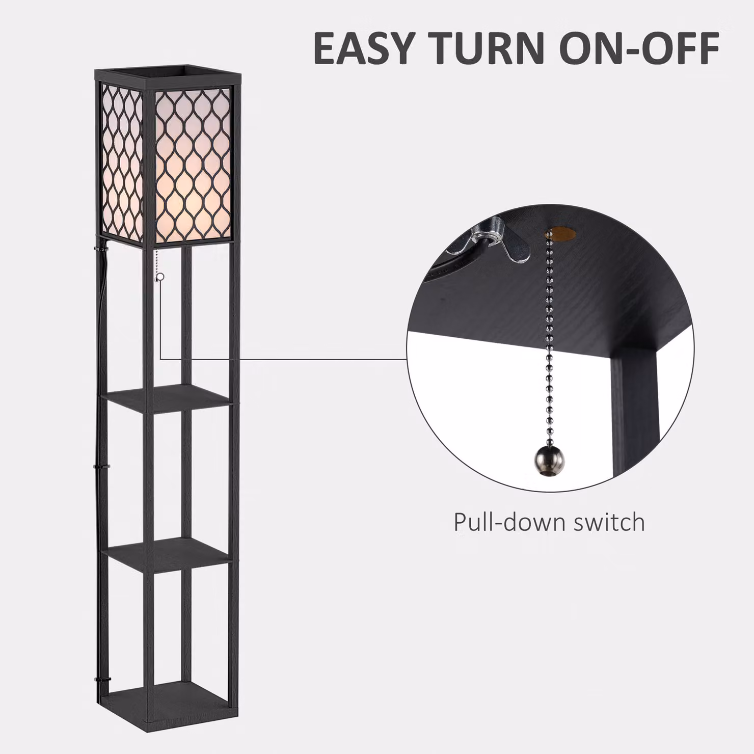 HOMCOM Set of 2 Modern Black Three-Shelf Floor Lamps with Wood and Metal Design – 5