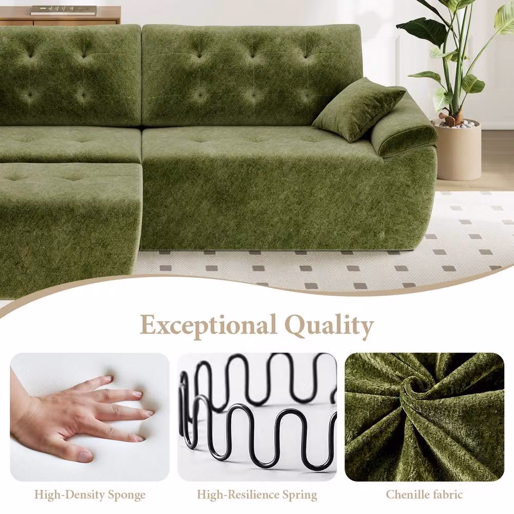 Dprodo Green Chenille 4 Seater L-Shaped Modular Sectional Sofa with Matching Ottoman and Scatter Cushions, Width: 275 cm – 4