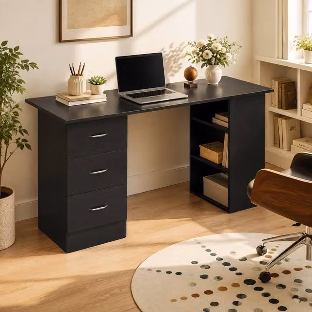 STILVORA Black Modern Writing Desk with Drawers and Open Shelves
