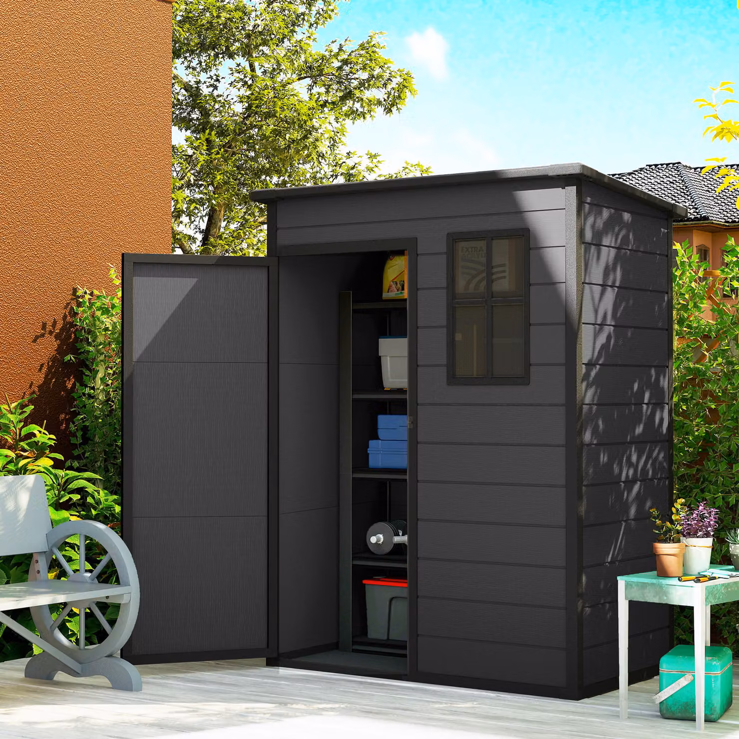 Outsunny Dark Grey Garden Storage Shed with Floor, Window and Lockable Door, W: 152.4 cm, D: 91.44 cm, H: 152.4 cm