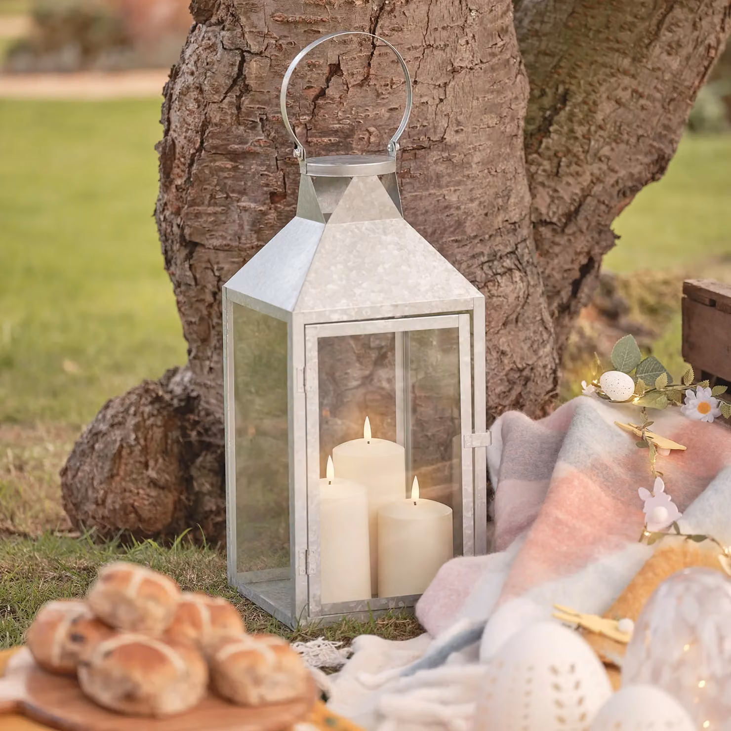 Lights4fun Large Silver Metal Waterproof Outdoor Garden LED TruGlow Candle Lantern, Height: 45 cm – 1