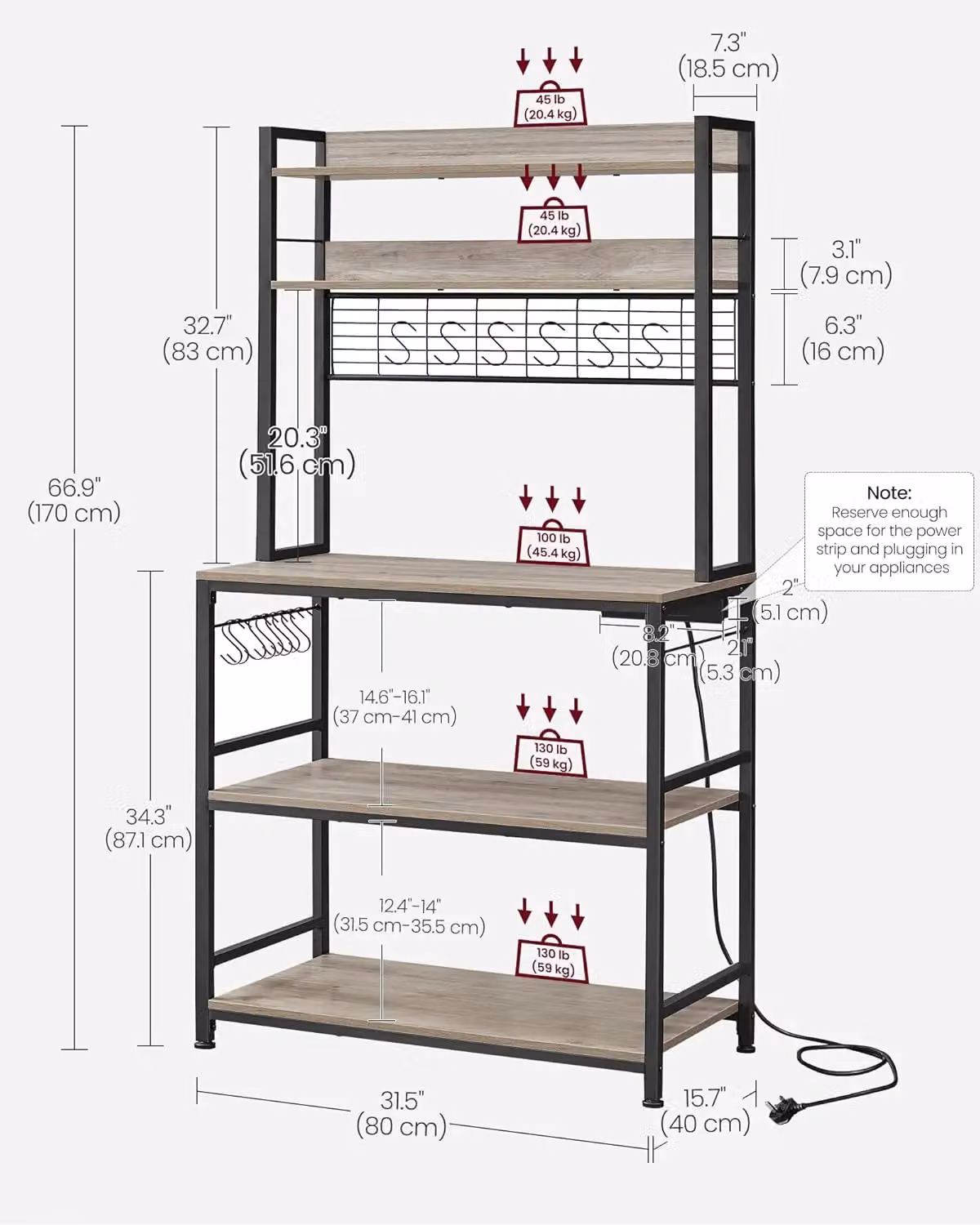 VASAGLE Kitchen Rack with Power Outlet, Hooks and Metal Wire Panel in Fawn – 2