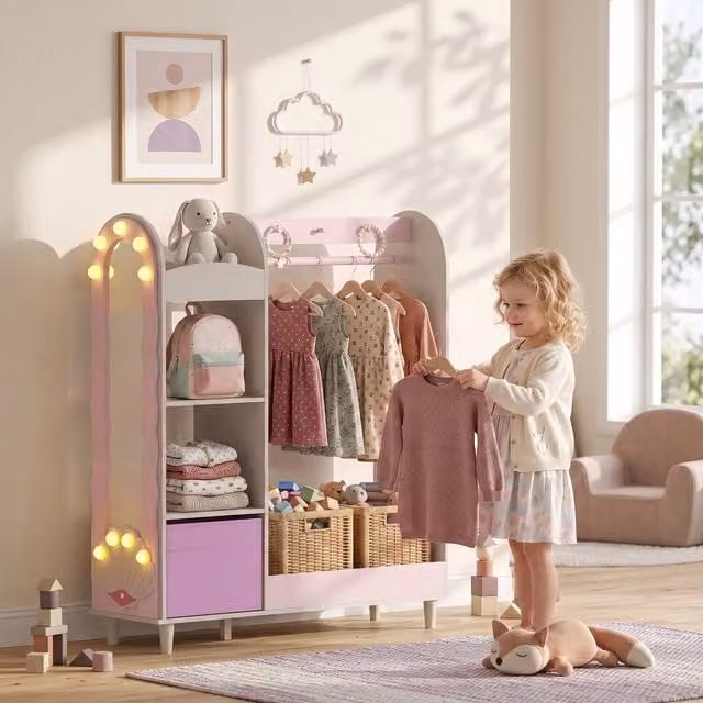 AIYAPLAY Kids Clothing Rack with LED Lighting and Mirror in Pink