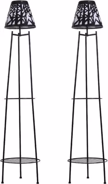 Living and Home 2 Pack Double Tier Solar-Powered Metal Plant Stands with Warm White Lights in Black – 1