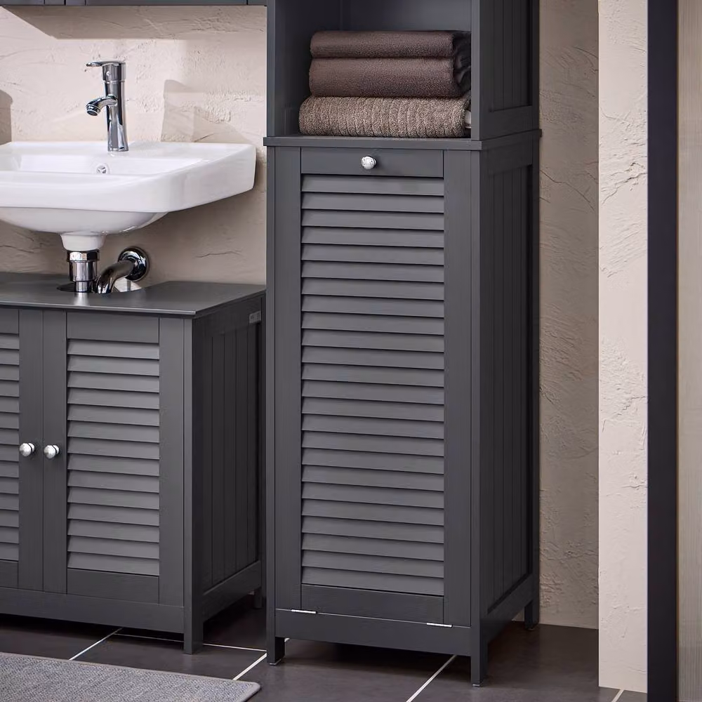 SoBuy Modern Bathroom Storage Tall Cabinet in Matt Grey with Roll Shutter Door and Internal Shelves – 4