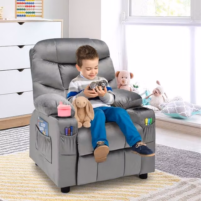 Costway Adjustable Kids Lounge Recliner Chair with 2 Cup Holders in Grey Velvet Fabric