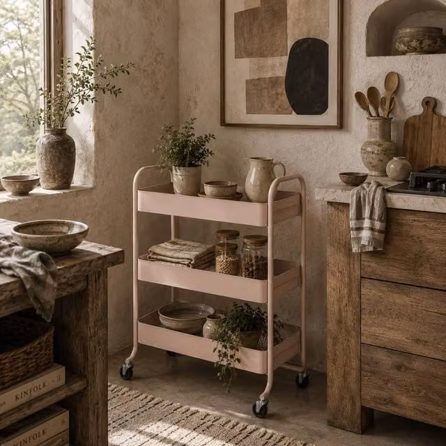 Wyld Haus Noluli Doha 3 Tier Metal Rolling Utility Trolley in Pink, W/D/H: 64.5 x 34.0 x 87.0 cm