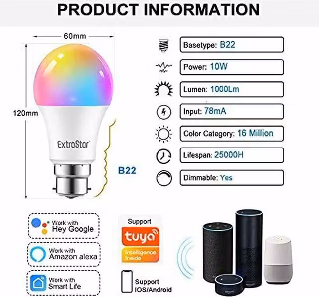 ExtraStar A60 Smart LED WiFi RGB Bulb in White and Multicolour, Compatible with Amazon Alexa and Google Assistant