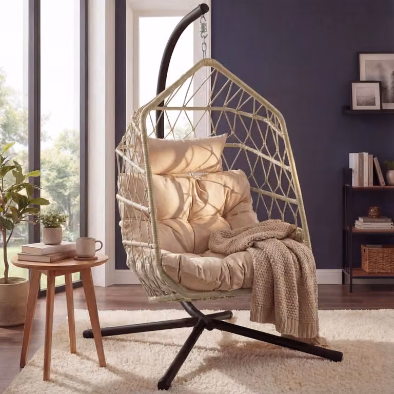 DHS Foldable Hanging Egg Chair with Stand and Cushions in Beige, Grey or Black