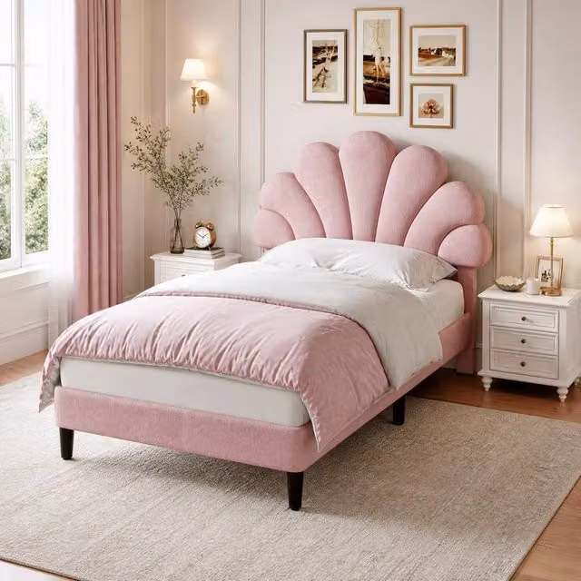 STILVORA Single Upholstered Velvet Bed Frame with Adjustable Headboard in Pink