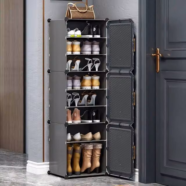 Kelvenix 8-Tier Shoe Cabinet with 3 Hinged Doors in Grey – 1