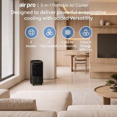 Air Pro 3-in-1 Portable Evaporative Air Cooler with 5L Capacity, Remote Control and Ice Packs, Black – 2