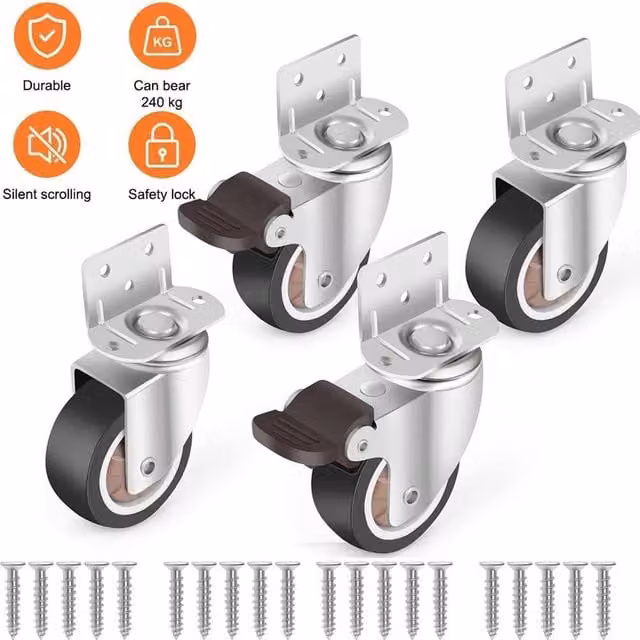 NESTLUNE 4 Piece Heavy Duty 360 Degree Swivel Silent Universal Caster Wheels, Silver, Plate Width: 52 cm