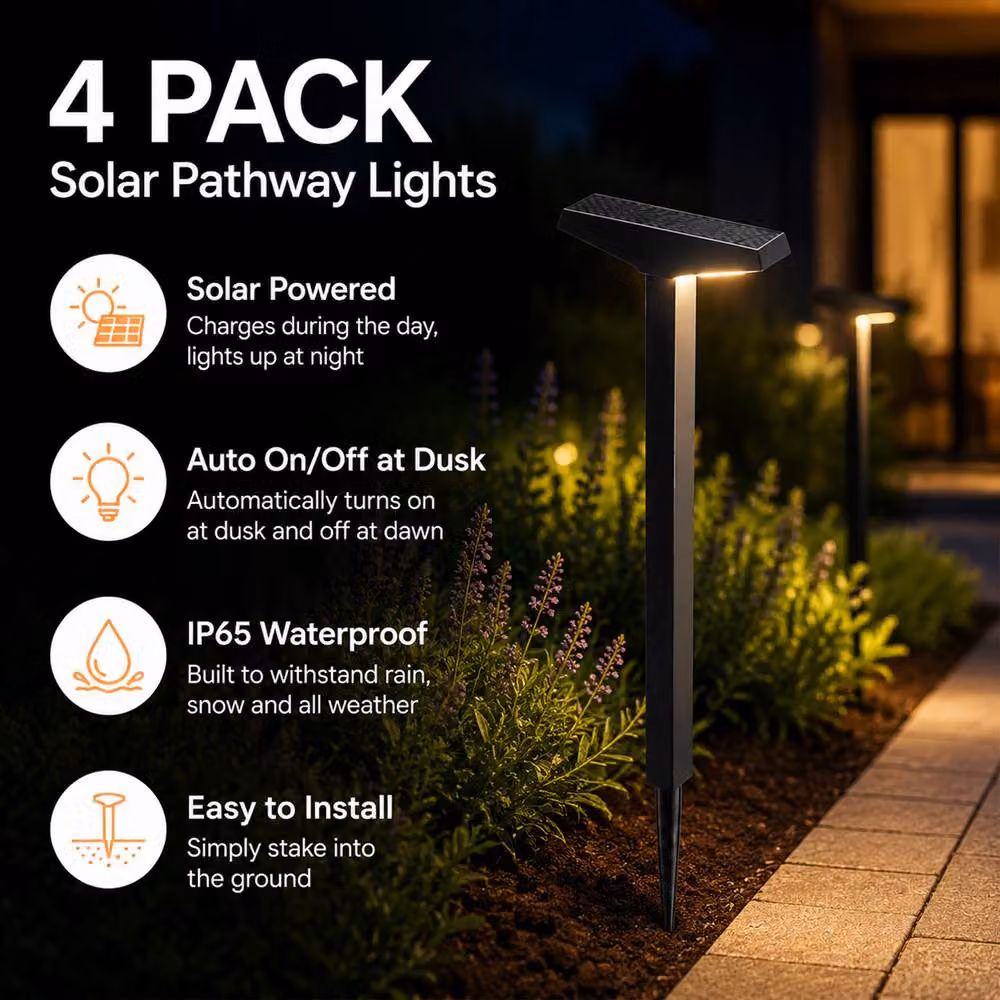 INMTFEI 4 Pack Solar LED Pathway Lights in Black with Dusk Sensor and IP45 Waterproof Rating – 4