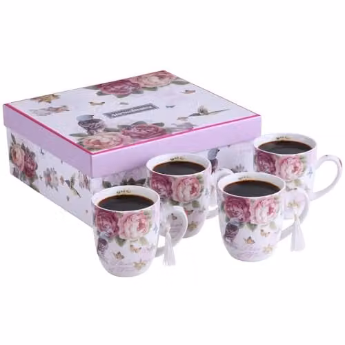 London Boutique Set of 4 White Floral Porcelain Mugs with Bird Rose and Butterfly Design, 350 ml each