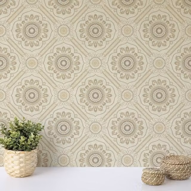 Wallquest Caspia Retro Botanical Floral Wallpaper in Gold, White, Red, Brown and Beige
