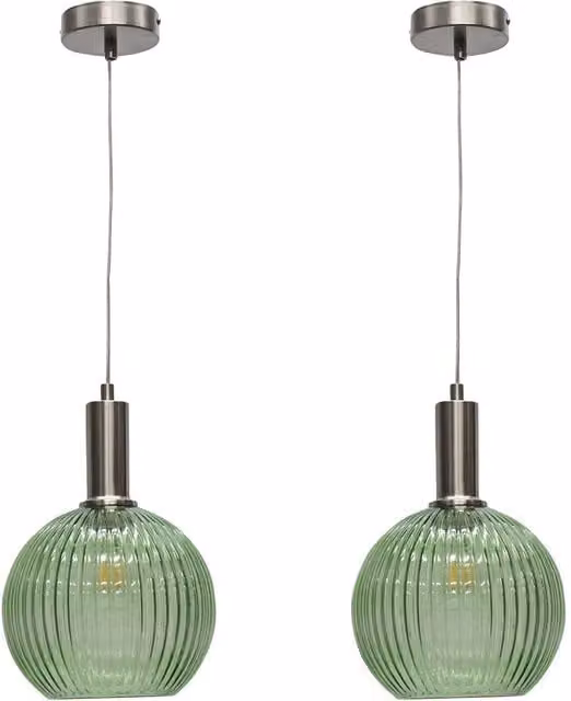 First Choice Lighting Betchley Set of 2 Green Ribbed Glass Globe Deco Pendants with Satin Nickel Finish – 1