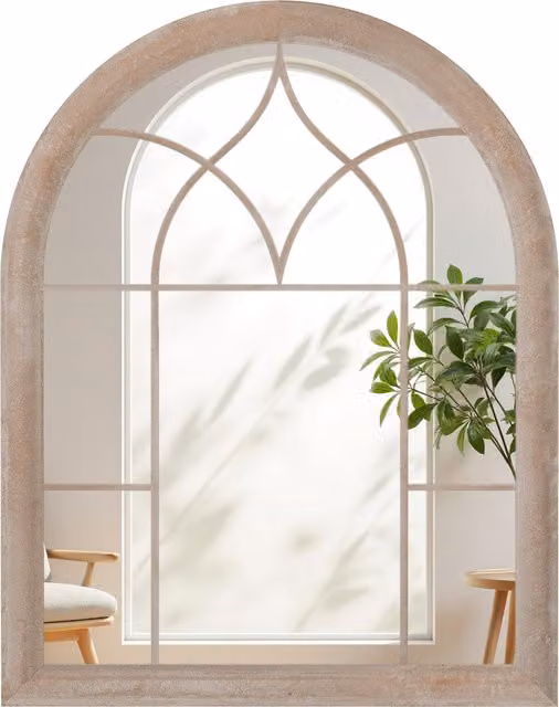 COSTWAY Rustic Arched Metal Frame Farmhouse Wall Mirror in Grey