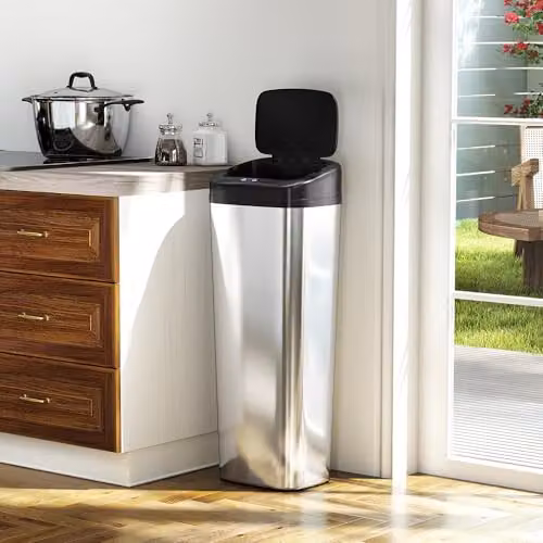 HOMCOM 50L Silver Stainless Steel Fingerprint-Proof Sensor Slim Kitchen Bin – 7