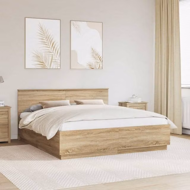 Berkfield Home Sonoma Oak Bed Frame in Brown with Under-Bed Lighting and USB Charging Port, 200 x 200 cm