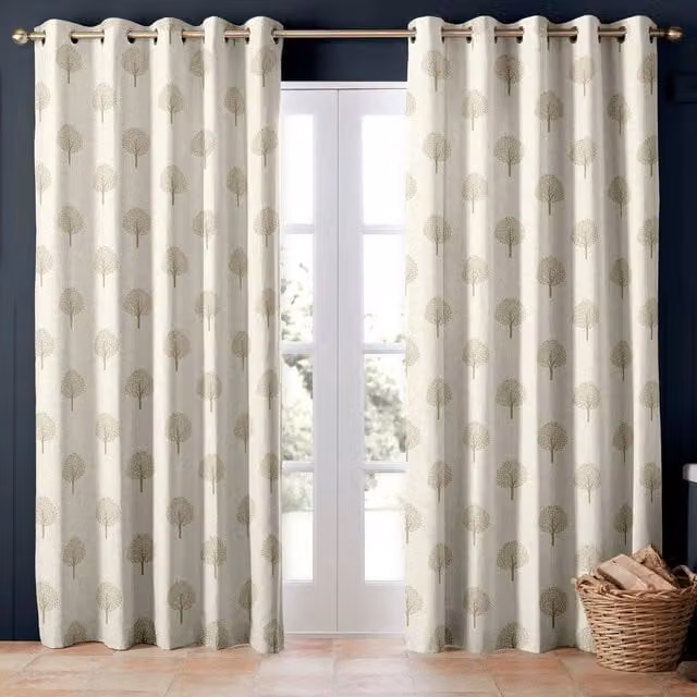 Emily Bond Made to Measure Beige Linen and Cotton Blackout Floral Fabric Panel Curtains with Eyelets