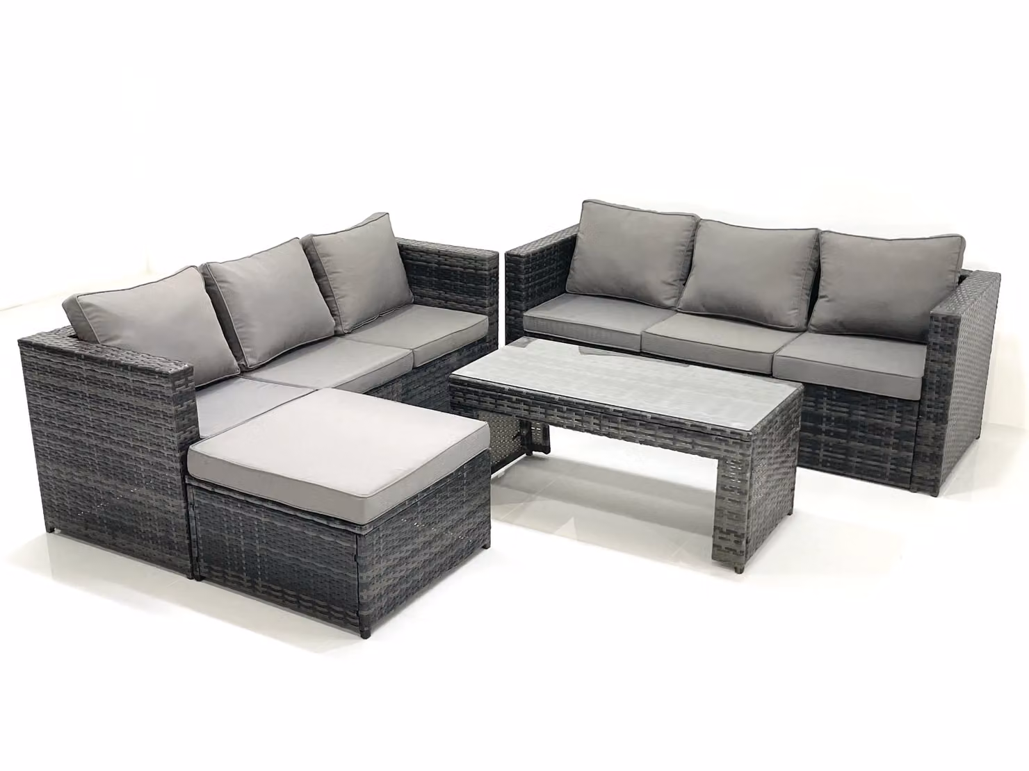 Fimous Garden Outdoor Rattan Furniture Set in Dark Grey with Sofa, Coffee Table and Footstool – 2