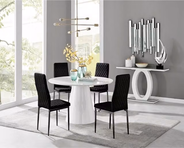 FurnitureboxUK Palma White High Gloss Round Dining Table and 4 Black Velvet Milan Chairs
