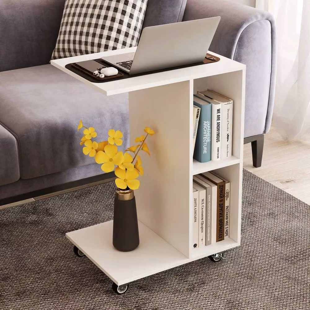 FORGEVIO C-Shaped Mobile Bedside Table in White with Castors for Living Room and Bedroom – 2
