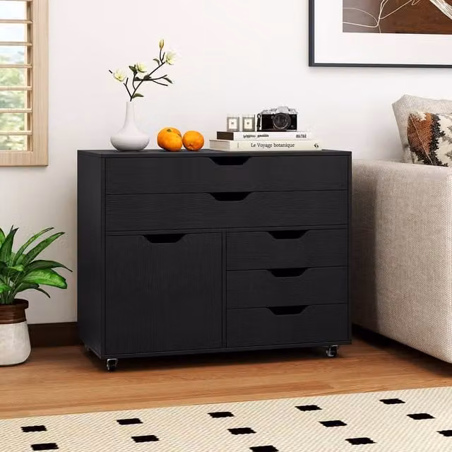 Gymax Mobile Chest of Drawers and Lateral File Cabinet with Printer Stand and Doors in Black – 1