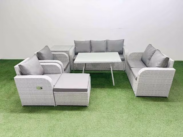 Fimous Outdoor Rectangular Table Sofa Set in Light Grey with Reclining Chair and Side Table