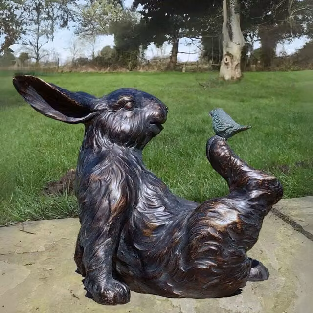 Animal Crackers Bronze Effect Rabbit with Bird Figurine Garden Ornament, H 18.0 cm x W 12.5 cm x D 12.5 cm – 1