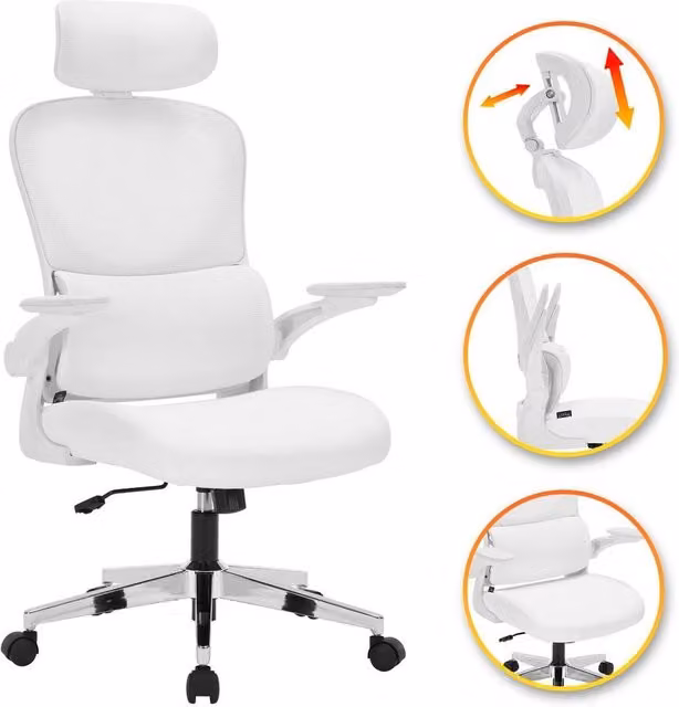 Kelvenix Model 782 Ergonomic Office Chair in White with High Mesh Back, Headrest and Armrests