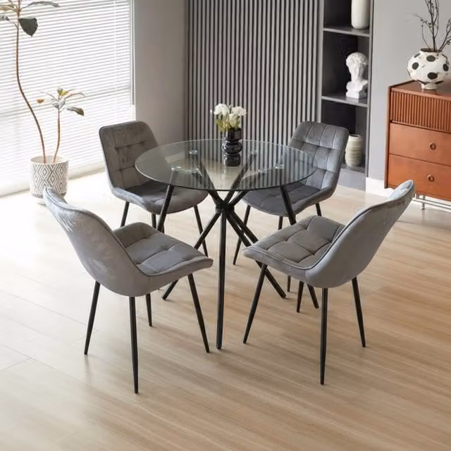 Madefor.living New York Round Glass Dining Table and Erica Velvet Chairs Set in Grey